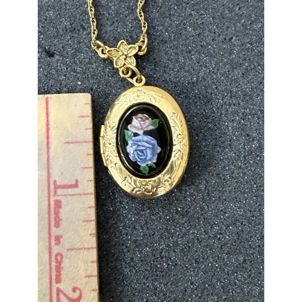 Vintage 1928 Gold Locket Blue Rose Cameo Flower Pendant Necklace 18" - Picture 13 of 16